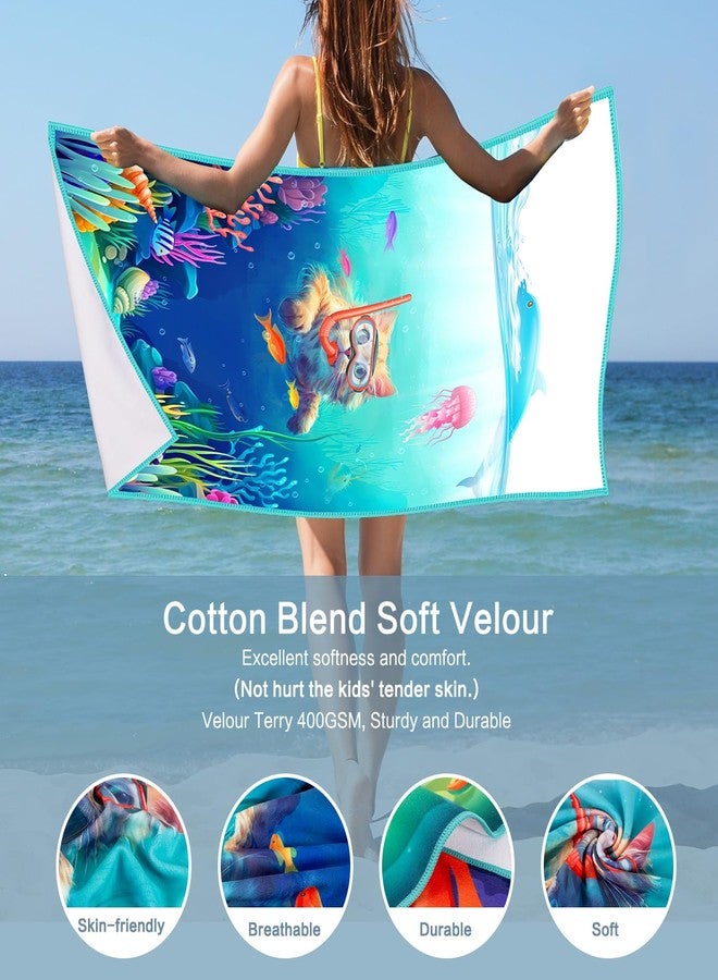 Vimorco Cat Beach Towel, Funny Diving Cat Dolphin Jellyfish Beach Towel, Cotton Blend Soft Velour Camping Towel for Women Girls Kids Boys Men, Absorbent Pool,Bath,Swim,Yoga,Gym,Travel Vacation Towel - Image 2